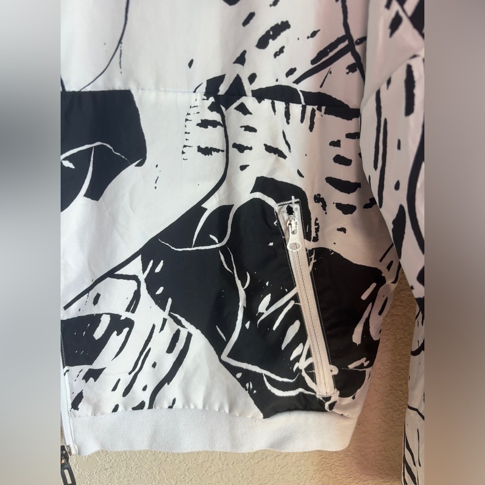 Adidas Black & White Tropical Monstera Cropped Bomber Windbreaker Jacket L - Picture 7 of 9